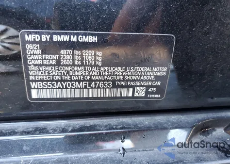 2021 BMW M3 Sedan z USA, uszkodzony, nr VIN WBS53AY03MFL47633